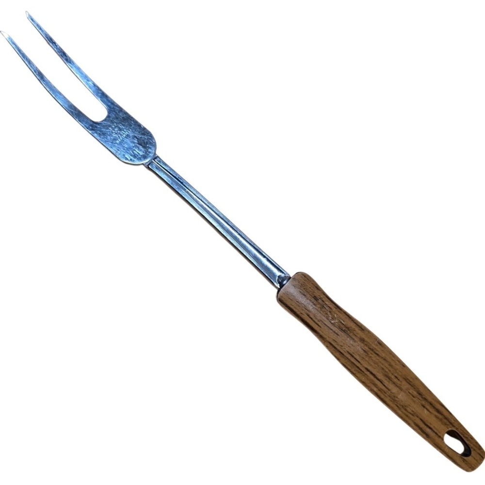 Vintage EKCO Stainless Steel‎ CARVING FORK Wooden looking plastic handle USA